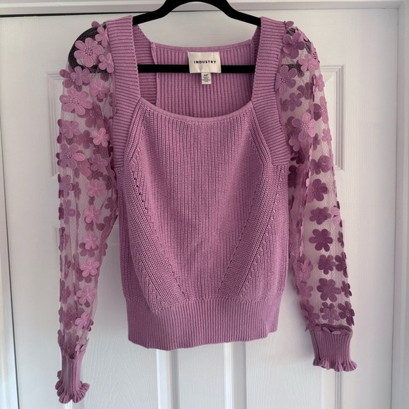 INDUSTRY Lilac Pink Cotton Knit Sweater Top w Sheer Floral Applique Sleeve S - Picture 4 of 12